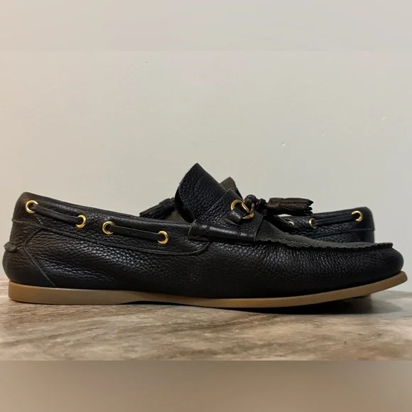 TOM FORD $1000 Black Leather Moccasins Boat Shoes Tassel Loafers Authentic 9.5
